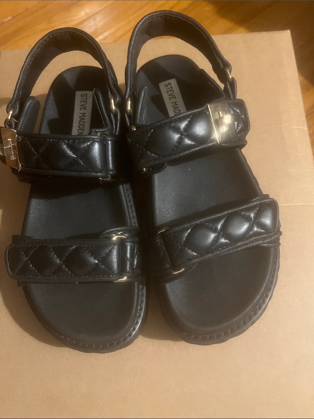 Steve Madden Size 7 Black Quilted Velcro Sandals with Gold Hardware